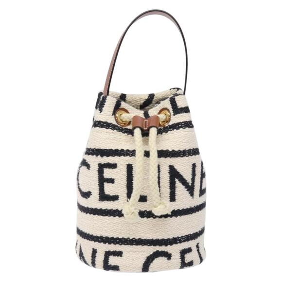 CELINE Teen Drawstring Hand Bag Canvas Leather White Gold - Picture 2 of 12